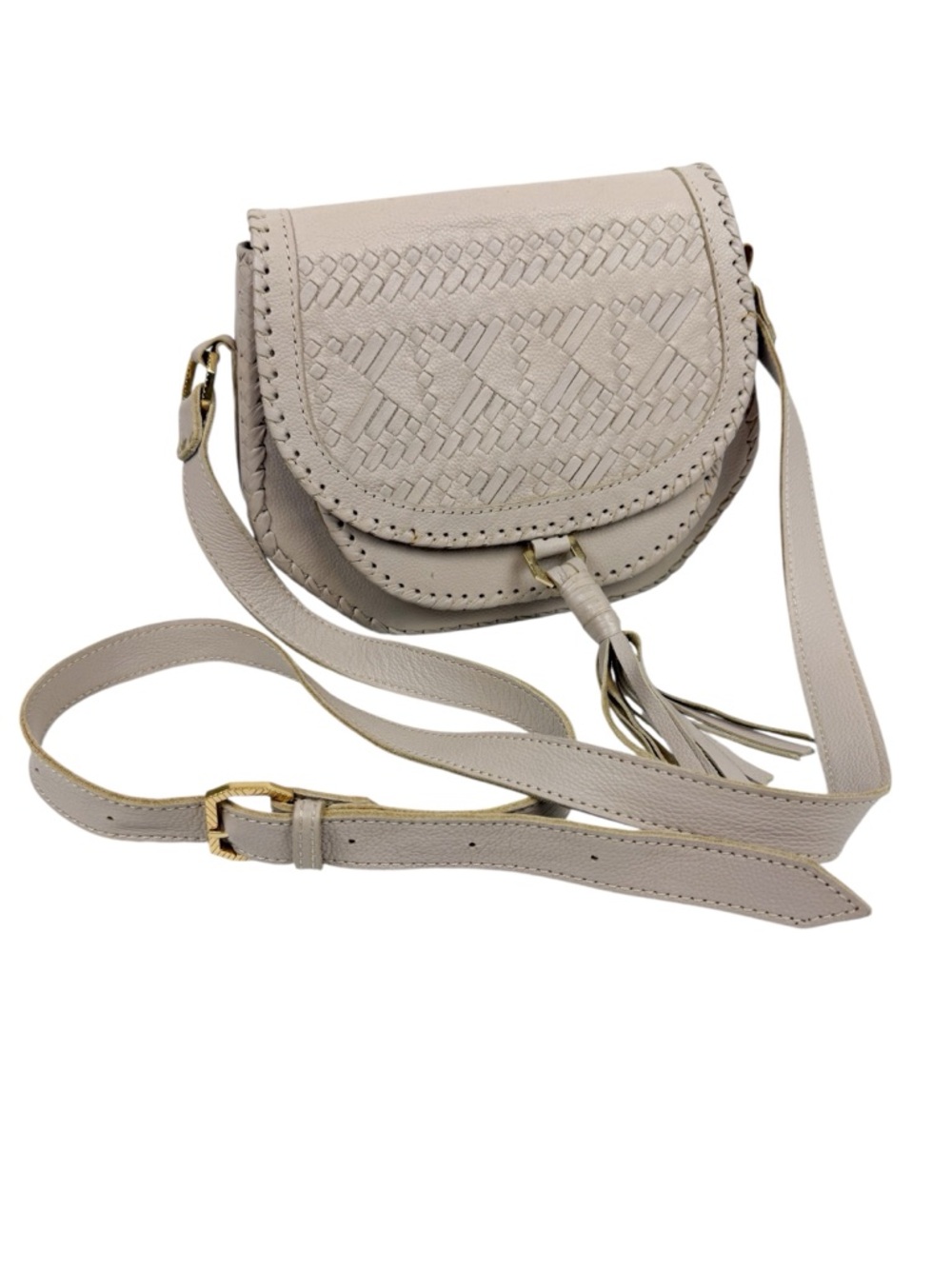 Cleobella Cream / Gray Woven Leather Saddle Crossbody Bag Tassel Boho